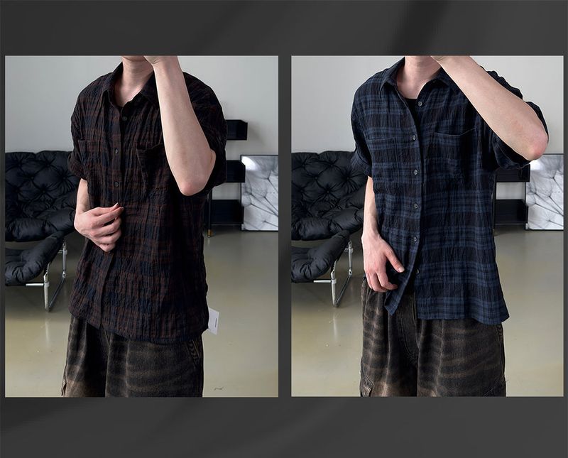 Embossed Texture Check Roll-Up Shirt