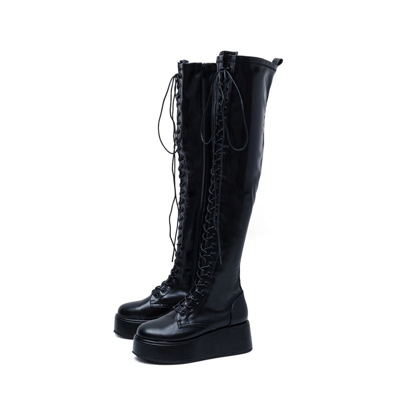 Platform Lace-Up Long Boots(Black)