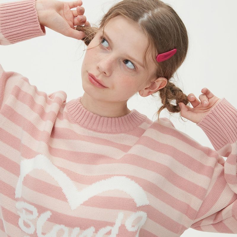 STRIPE HEART ROUND NECK KNIT_PINK