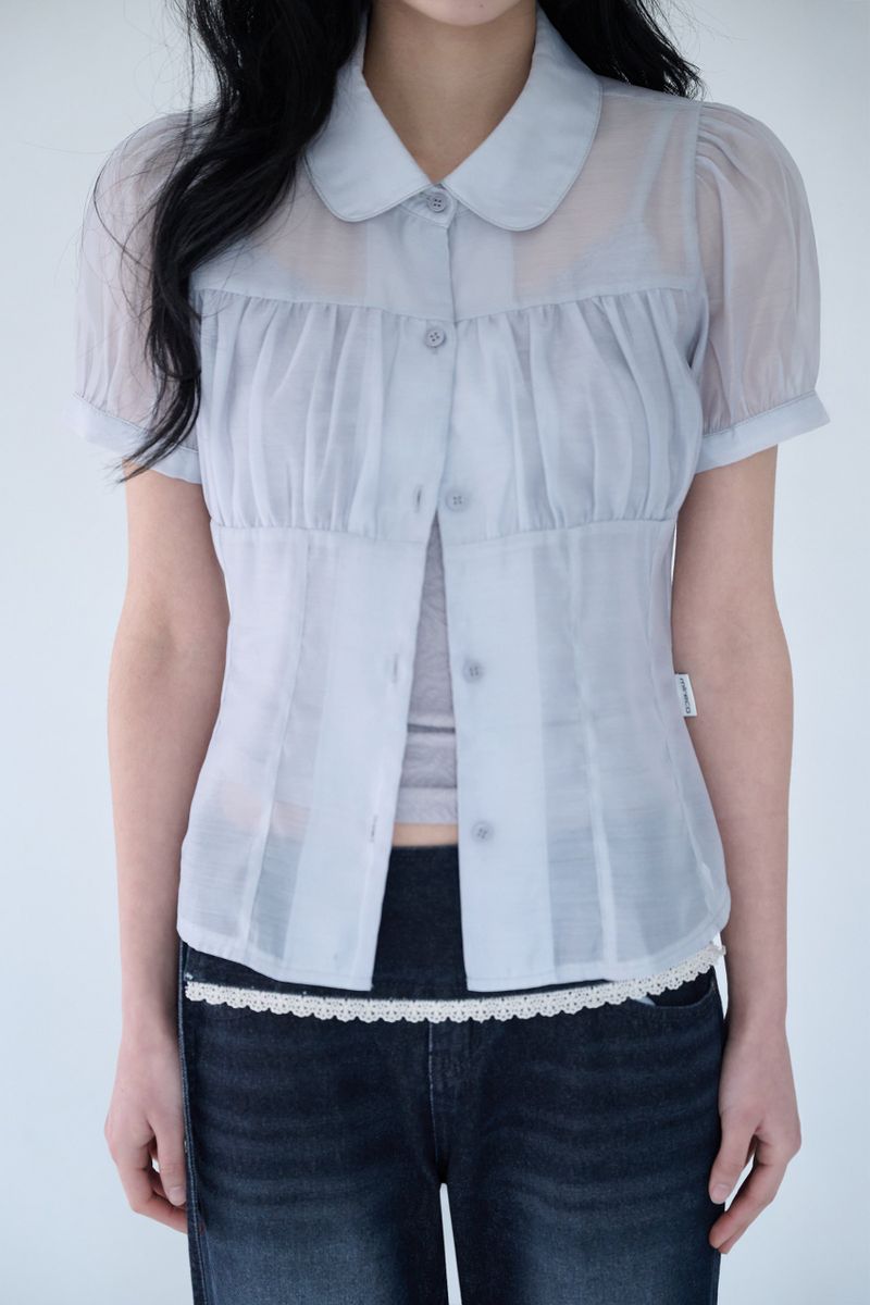 SHIRRING SHEER BLOUSE MISTY BLUE