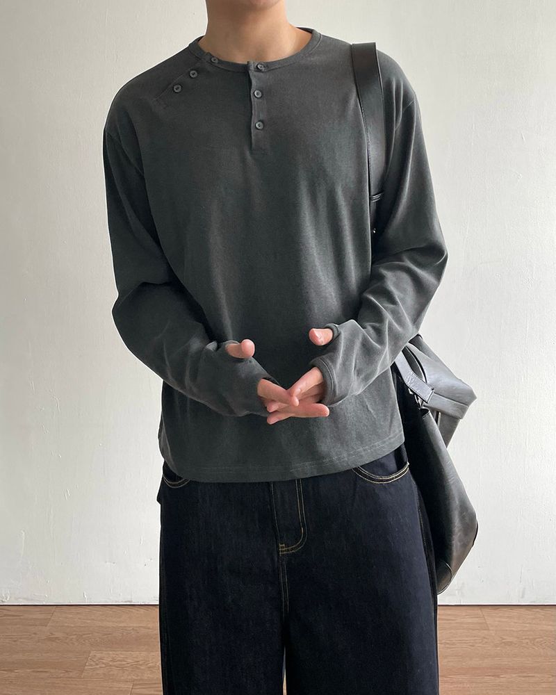 Double Washed Henley Neck Long Sleeve