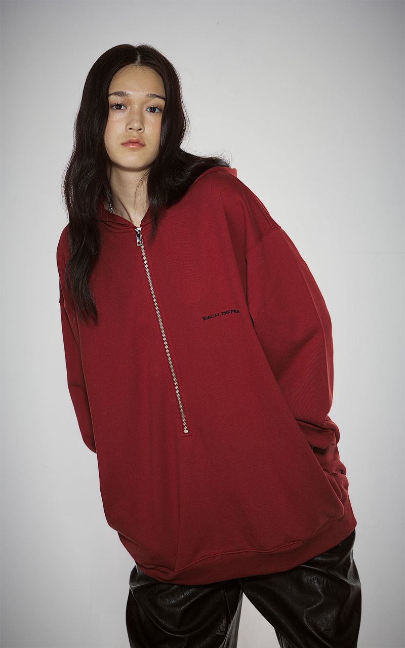 HAIF-ZIP HOODIE (LONG)_DARK RED