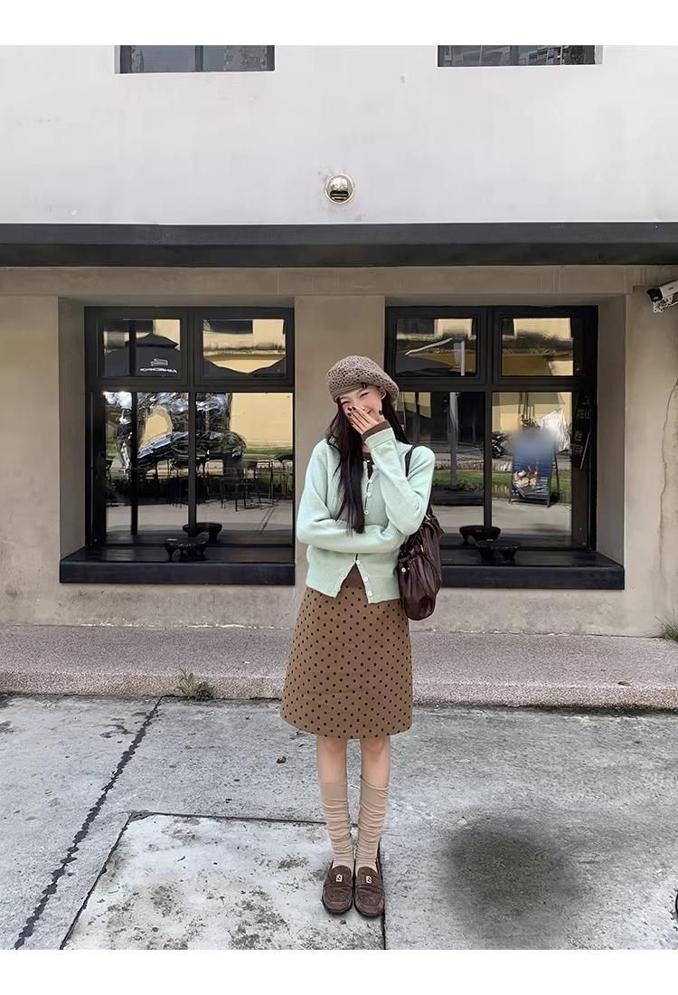 camel brown wool dot midi skirt