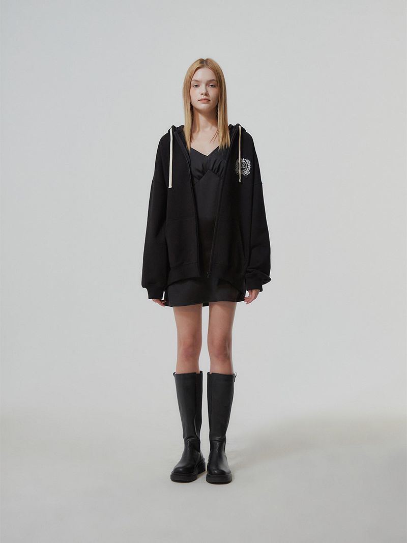 HEAVY WEIGHT OVERFITTED UNIVERSITY LOGO EMBROIDERY HOODIE ZIP UP_ BLACK