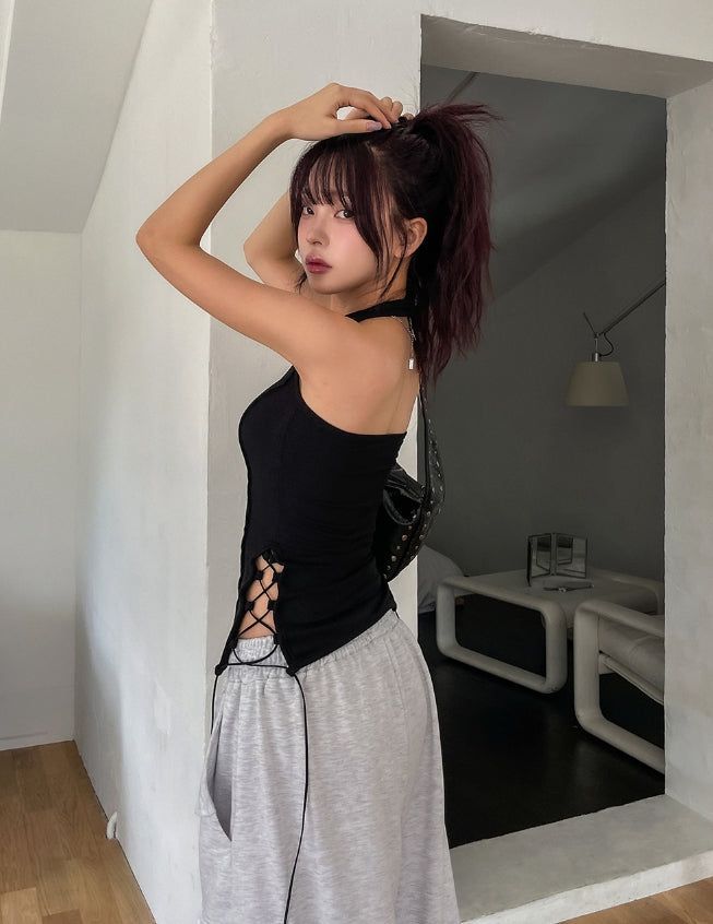 Mute cut side eyelet halter sleeveless