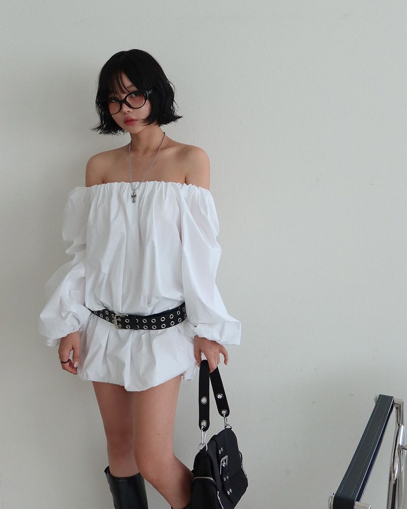 Pumpkin Balloon Off-Shoulder Long Blouse & Mini Dress