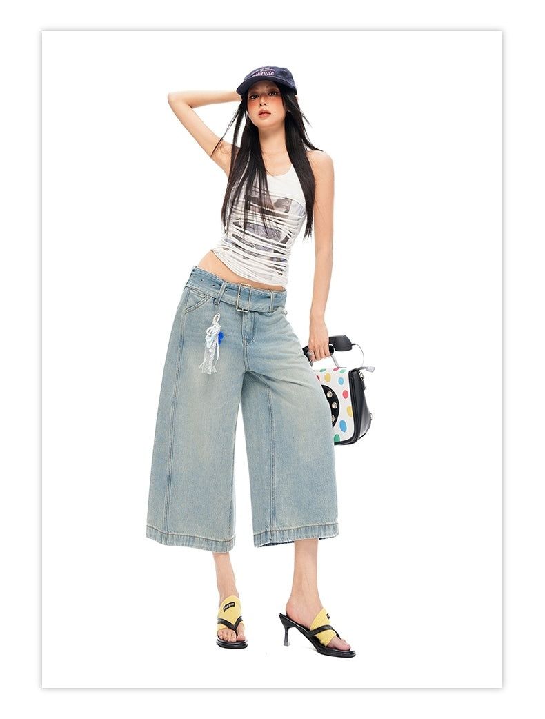 Vintage Light Wash Belted Wide Cropped Denim Pants