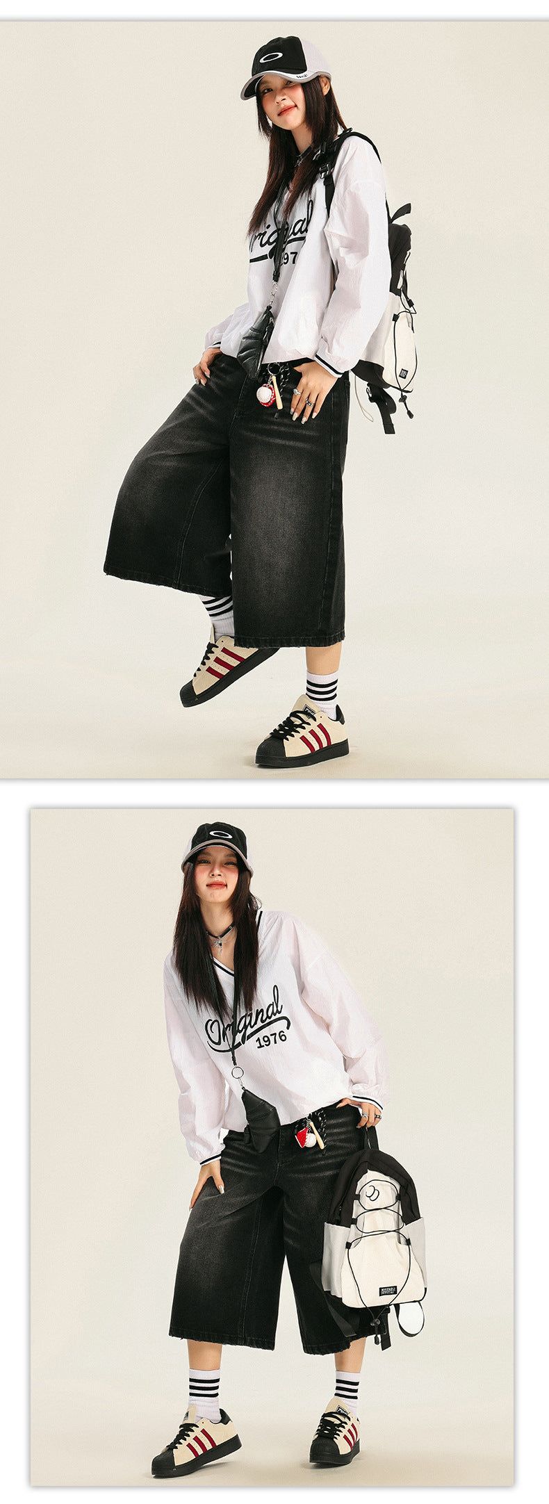 American retro loose-fitting washed distressed wide-leg capri pants