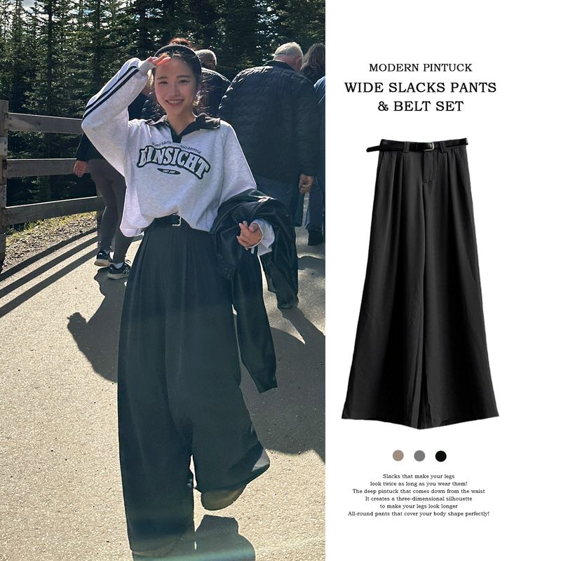 Cree Pin Tuck Wide Slacks Pants + Belt Set