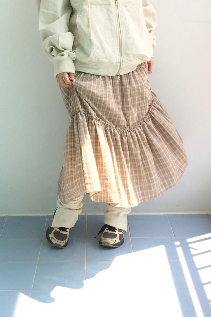 Meirin Shirring Checkered Skirt