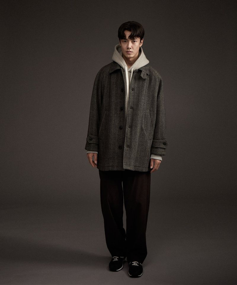 BALMACAAN HERRINGBONE WOOL CASHMERE HALF COAT BLACK