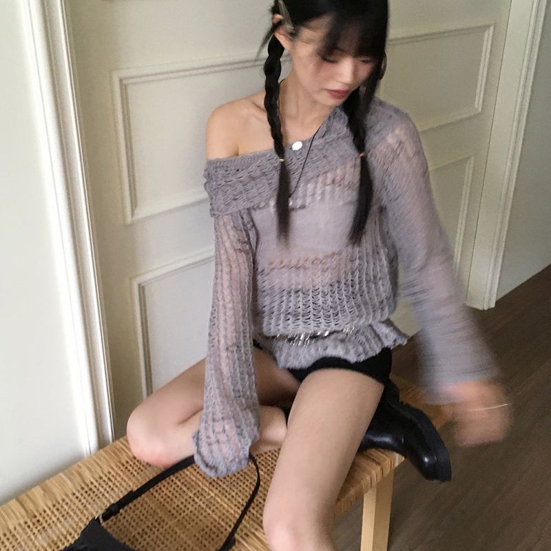 Shallo button printed net one-shoulder long-sleeve knit
