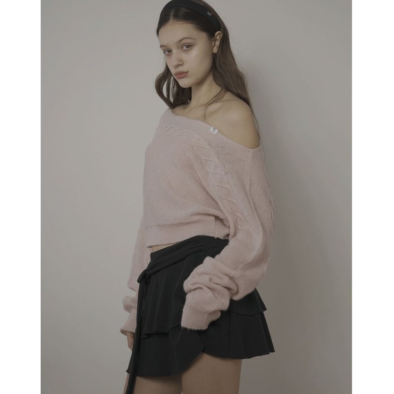 CABLE BOAT NECK KNIT-PINK