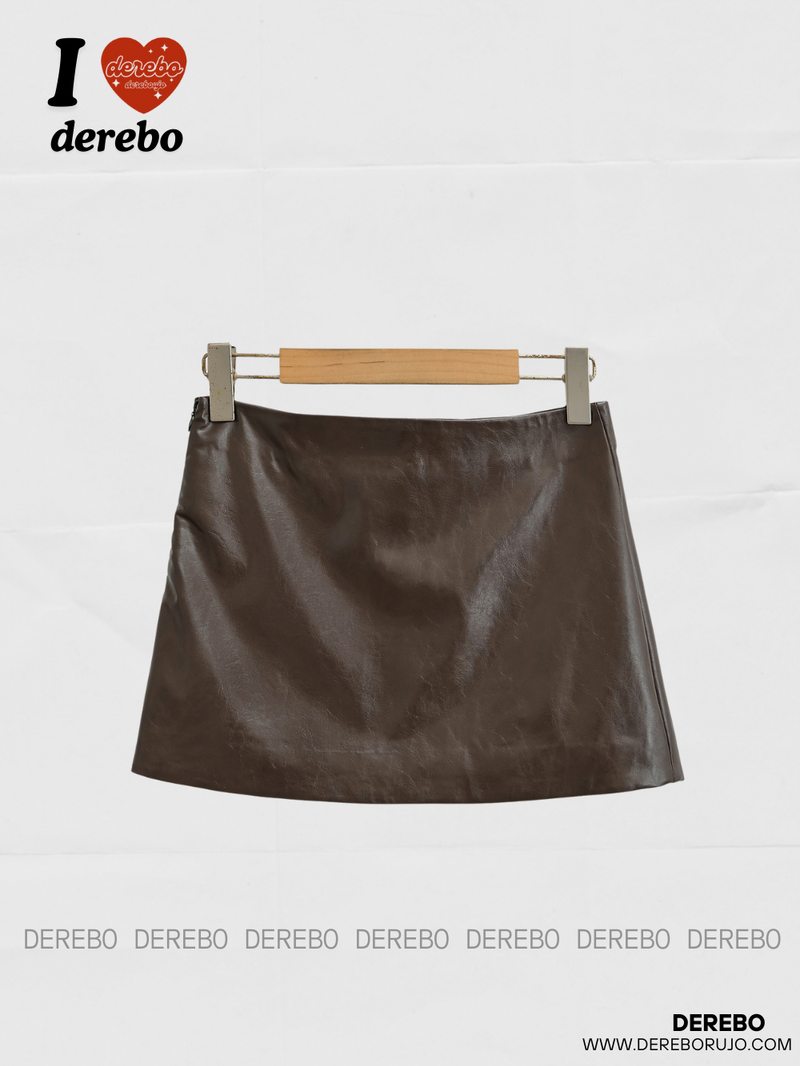 Olive leather A-line mini skirt
