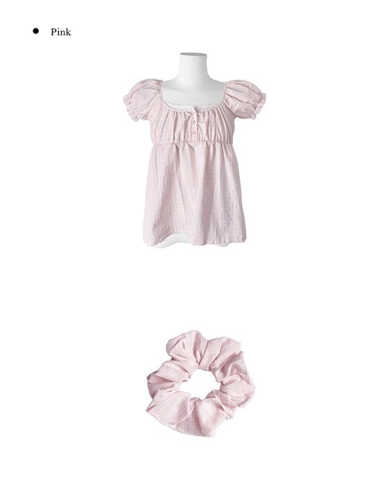 [Scrunch SET ] Unru Puff Shirring Layered Button Blouse