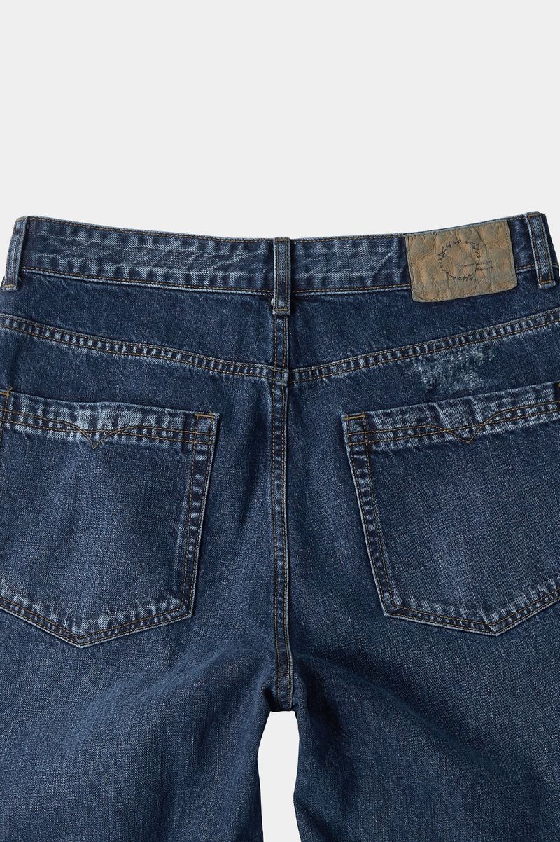 Loose Straight Biker Denim Pants (Washed Navy)