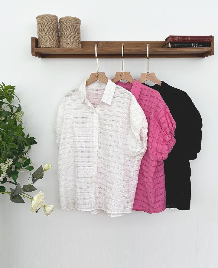 Kusha Collar Balloon Sleeves Seersucker Blouse