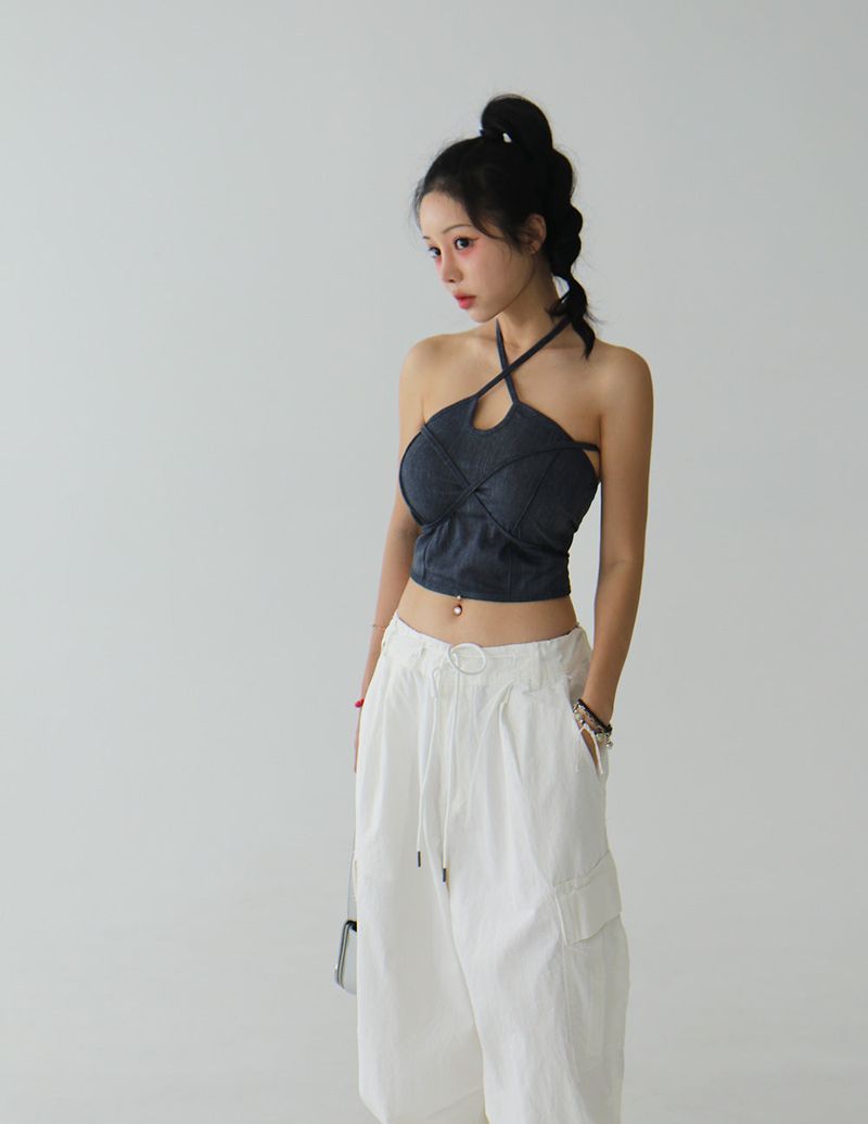 Halterneck Strap Denim Tube Top