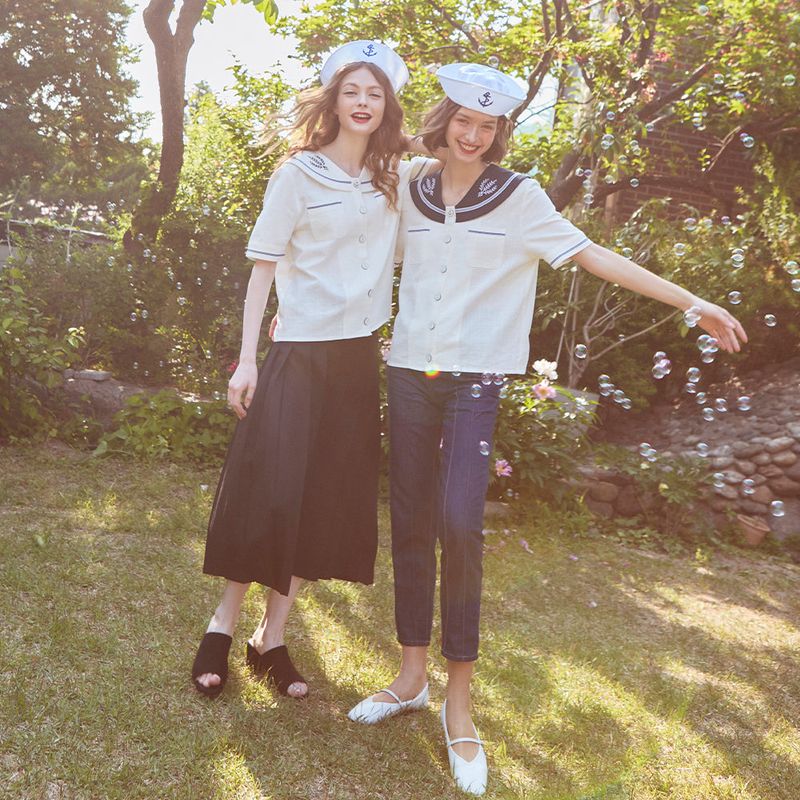 Pocket Sailor Embroidered Blouse (NAVY)
