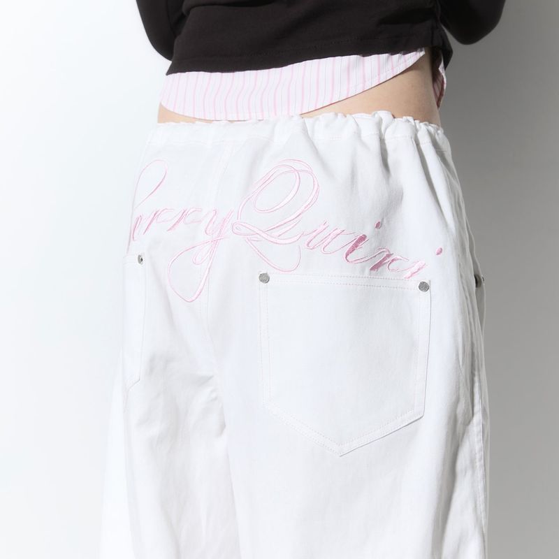 lace layered roll up denim - white