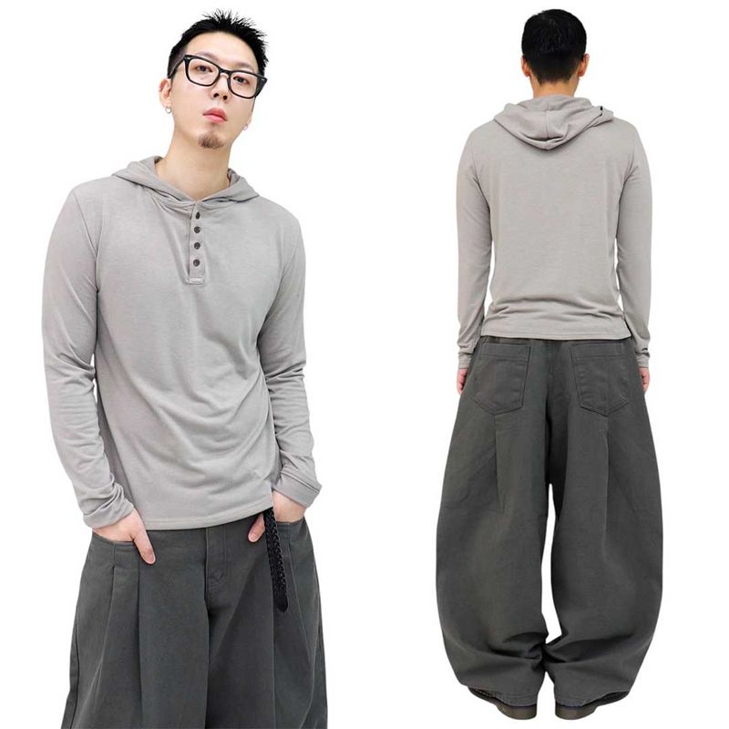 Basic Henley Neck Hooded Sleeve Long Sleeve Tee