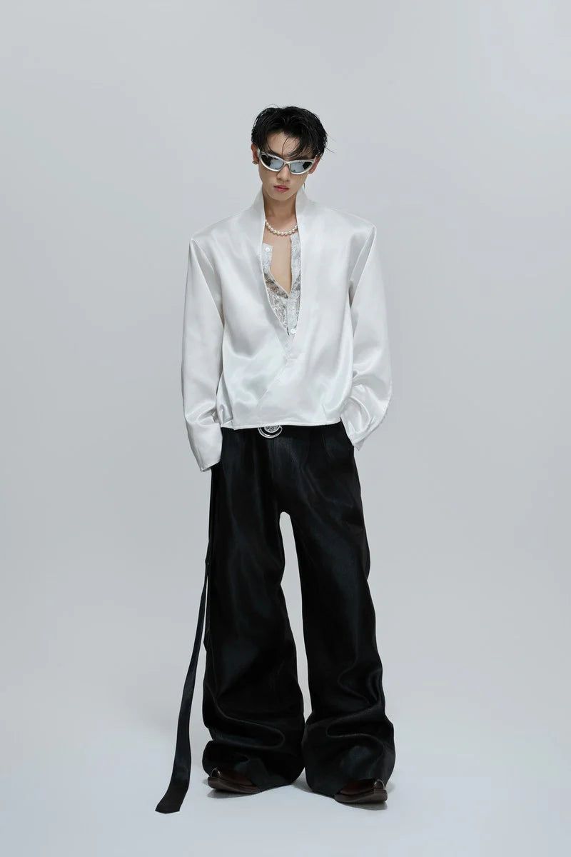 Lace V-Neck Layered Satin Blouse