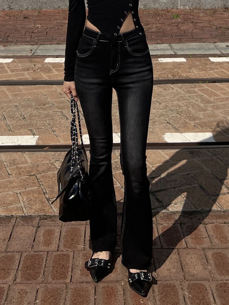 Color combination stitch gradient washed high waist spandex bootcut pants (Black)