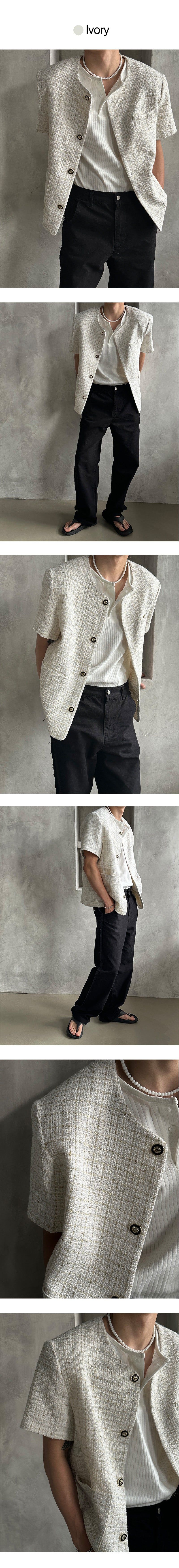 [S/S] Round neck half tweed jacket (2color)