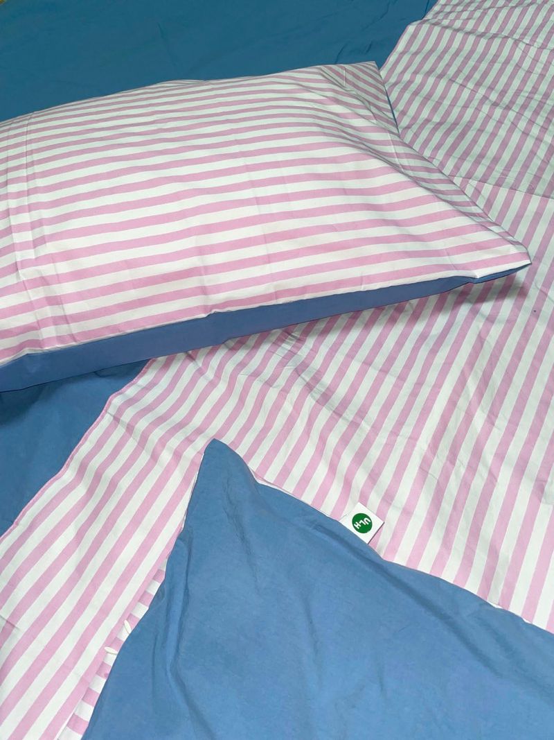 half stripe bedding cover set - pink sky blue