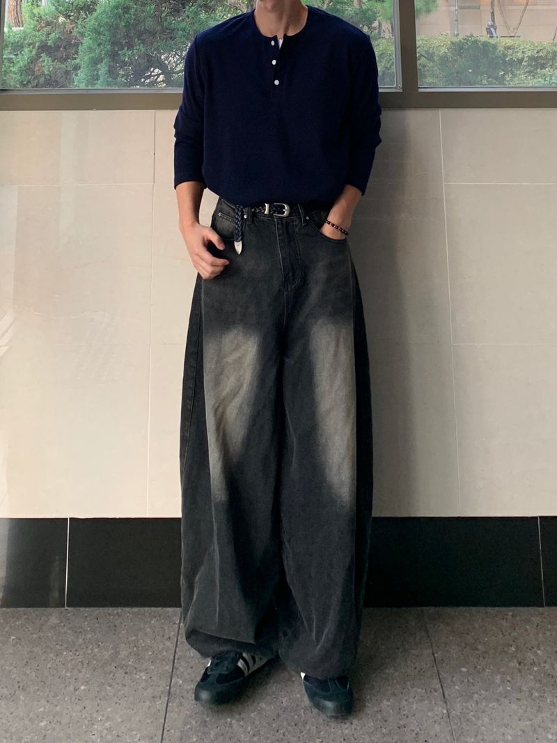 Double Layered Henry Neck Long Sleeve T-Shirt