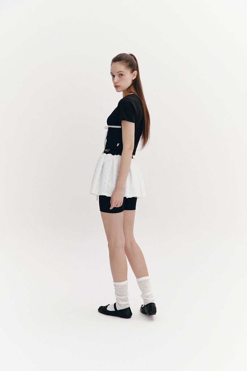 Lace Ribbon Shirring Top Black