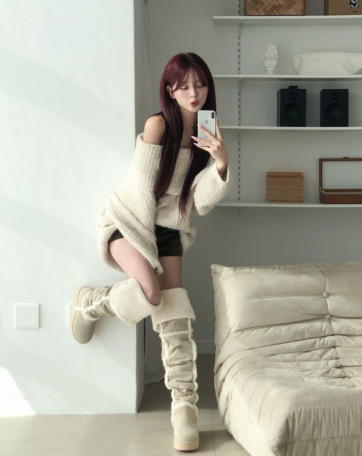 Wrinkle Shearling Platform Sole Long Ugg Boots