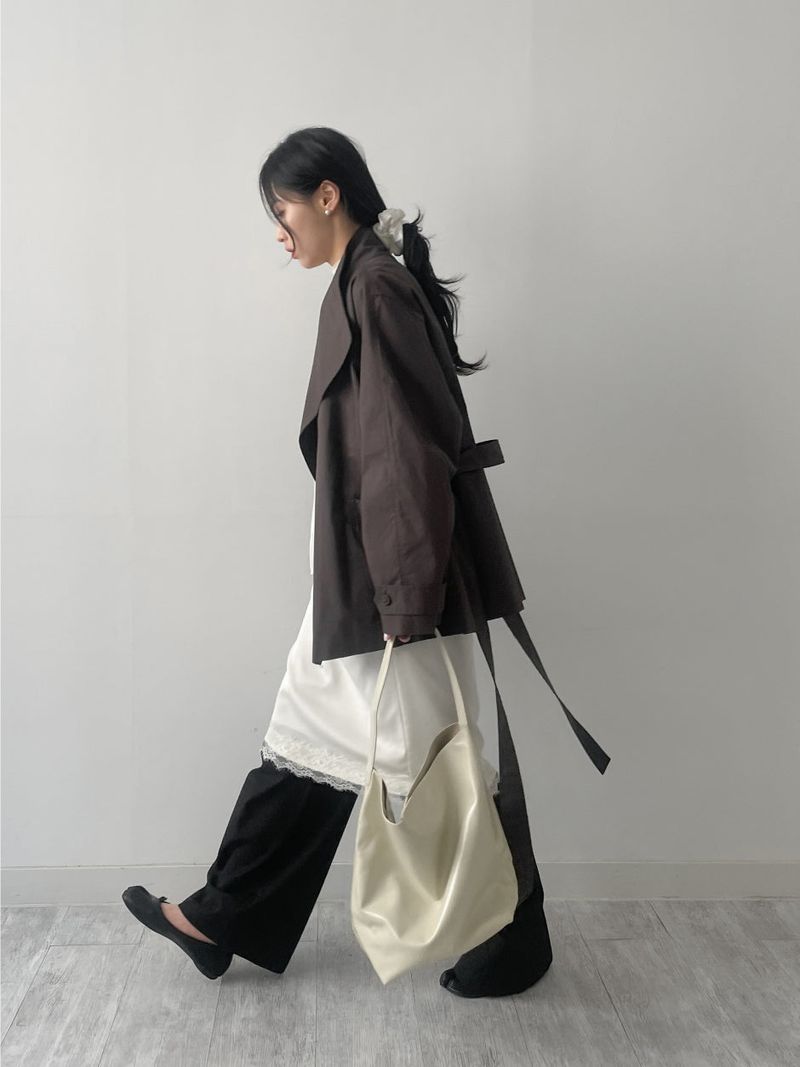High-neck belted half trench coat