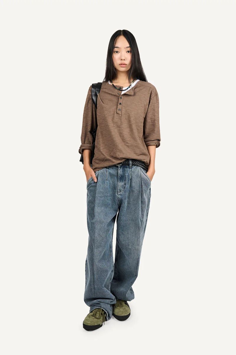 Henley neck slub cotton long sleeve