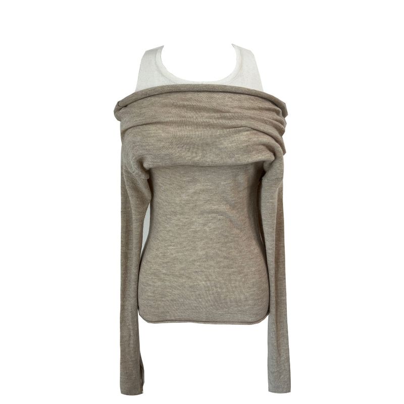 Layered shirring off-shoulder solid long sleeve knit top (3 colors)