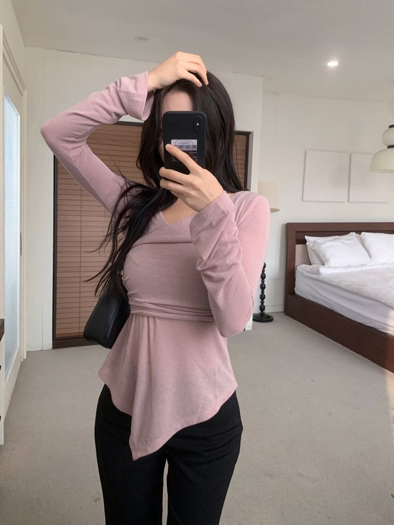Berre Wrap Shirring Asymmetric Long Sleeve Tee
