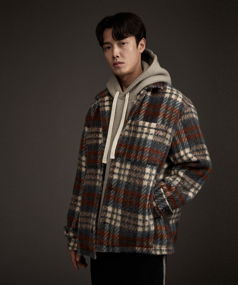 COZY HAIRY CHECK JACKET NAVY