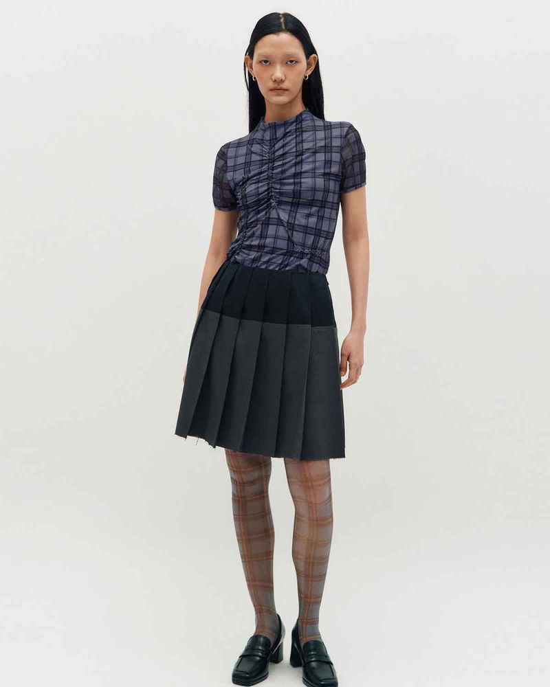 Plaid Smocking T-Shirt _ PURPLE