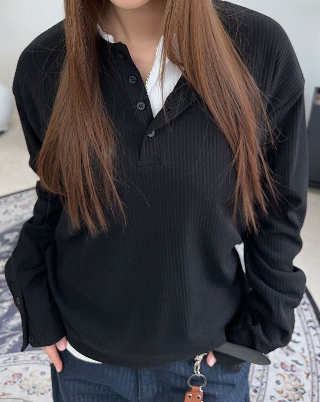 Karen Button Henley Neck Ribbed Knit