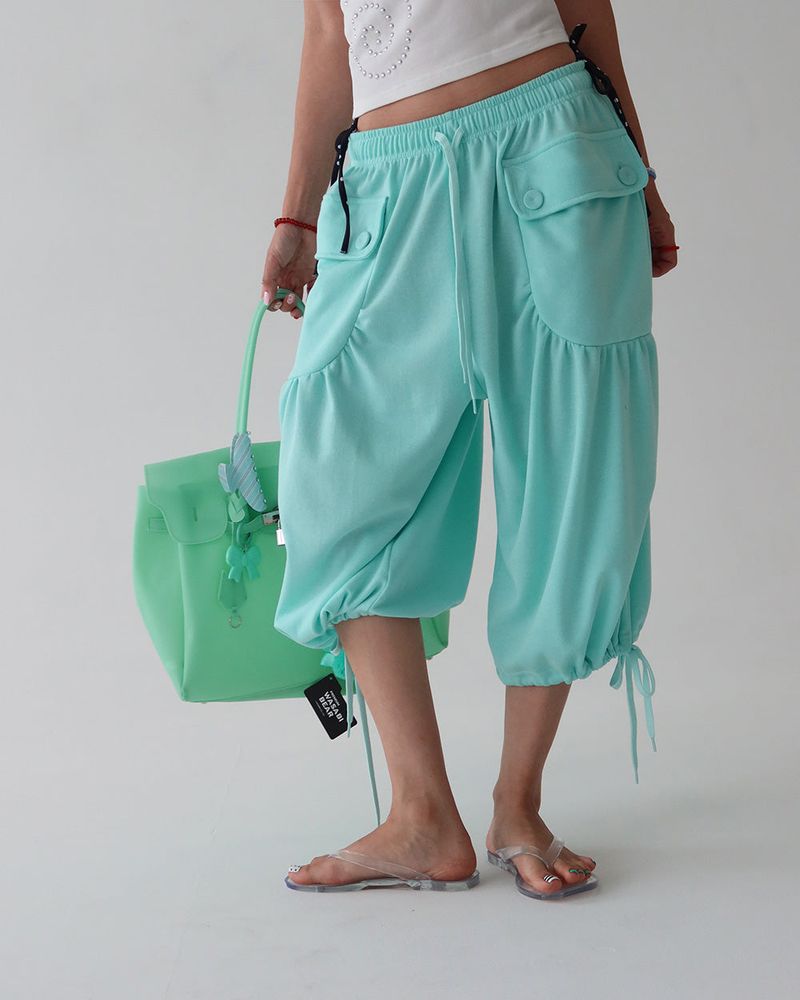 Button Big Pocket Bermuda Harem Capri Pants