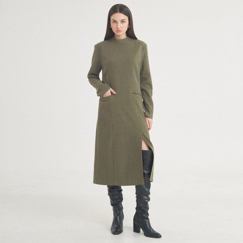 Herringbone Slit Long Dress (Khaki)