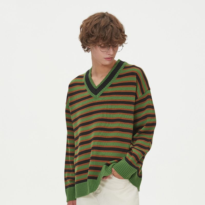 STRIPE V NECK KNIT_GREEN
