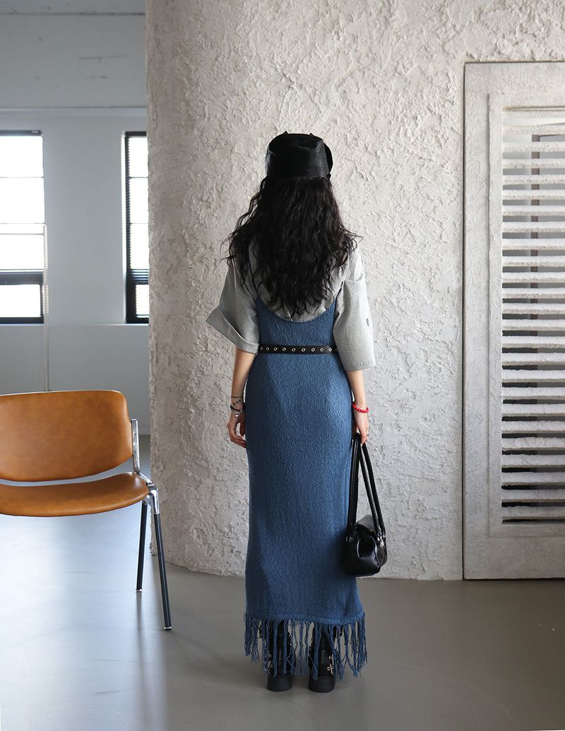 knit fringe bustier long dress