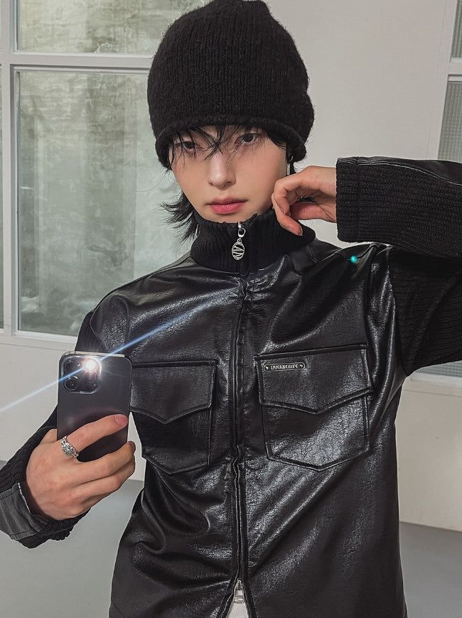 [LANARCH] Amber Leather Pocket Neck Zip-Up