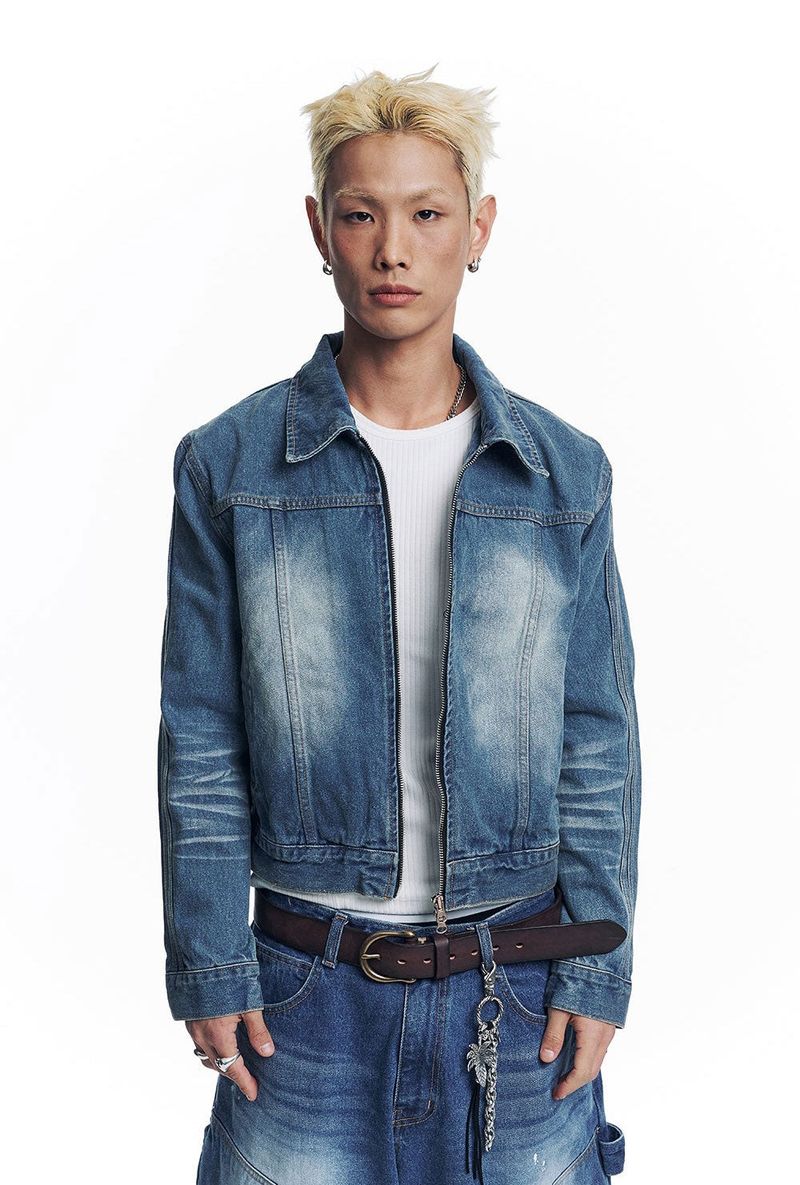 Washed Crop Track Denim Jacket - Deep Blue