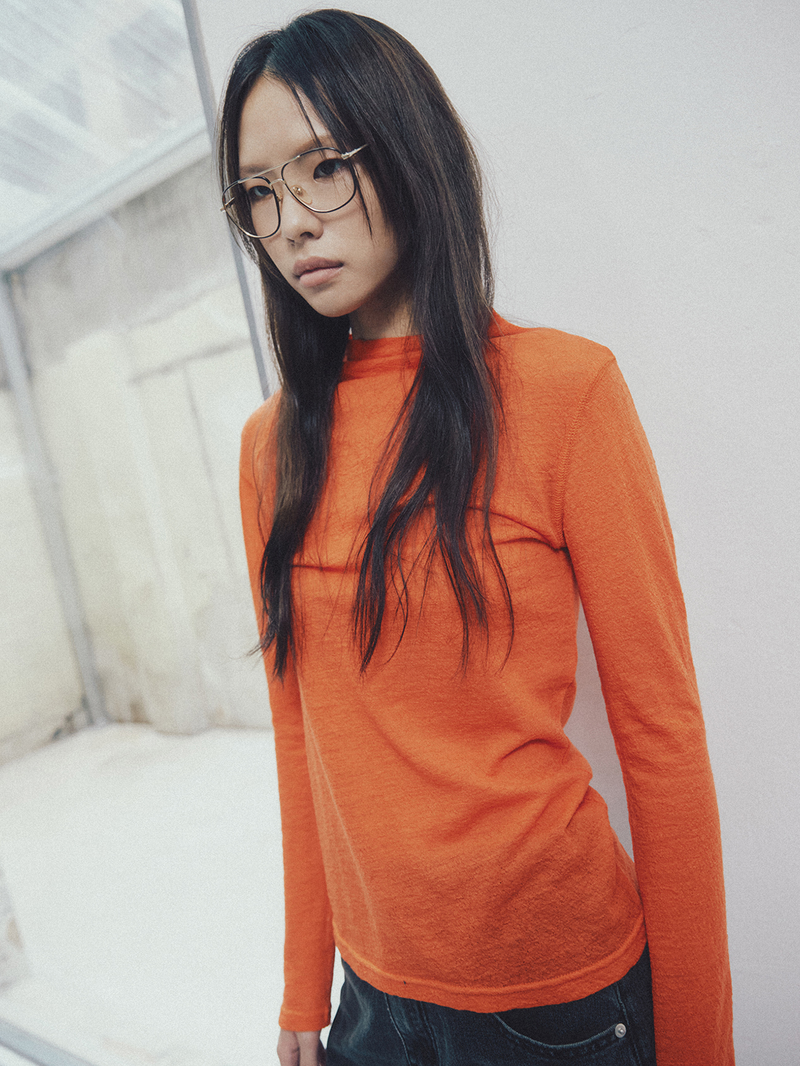 Unbalanced Stitch Turtleneck Tee Orange