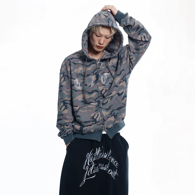 Rhinestone Camo Hoodie - BEIGE