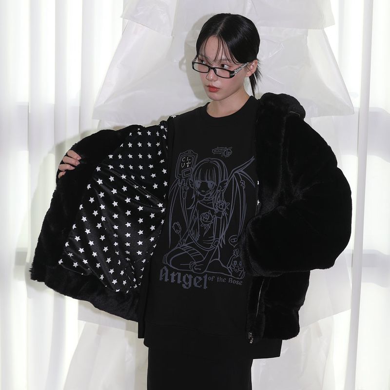 Cat Ear Fur jacket -  BLACK