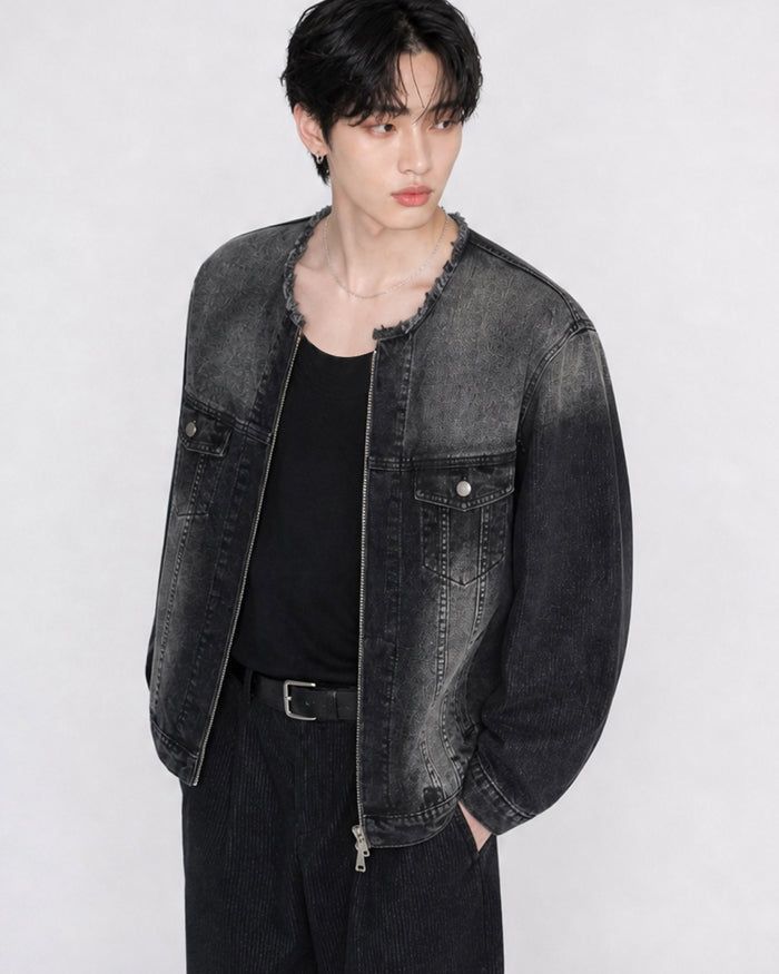 KIXI（キッシー）の「(UNISEX)ノーカラー オーバーデニムジャケット（ジャケット/アウター）」