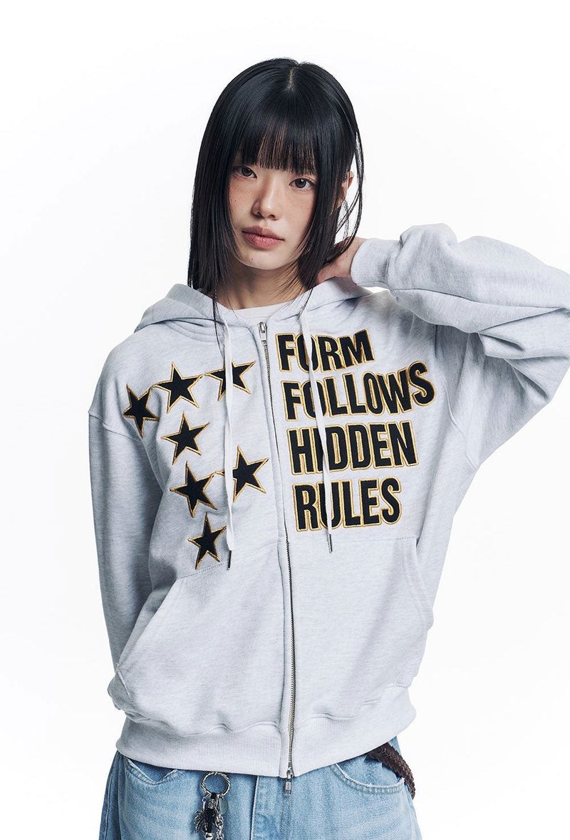 Star Lettering Patch Hoodie Zip-Up - White
